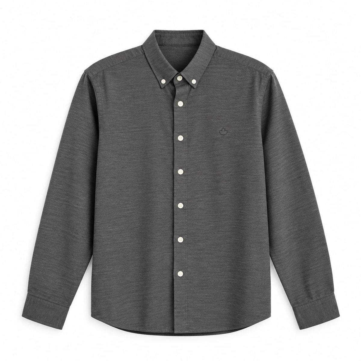 long-sleeve button-down shirt with a textured fabric and light-colored buttons.