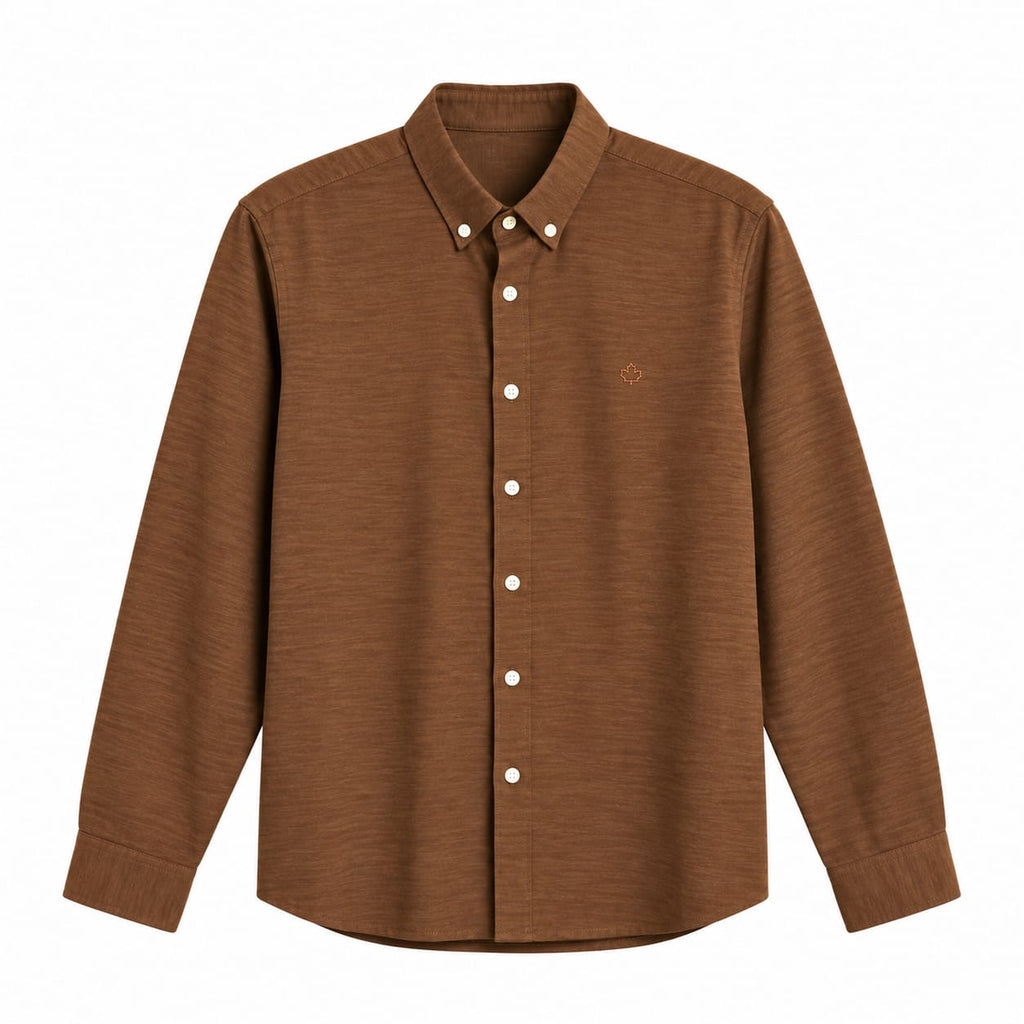 long-sleeve button-down shirt with a textured fabric and light-colored buttons.