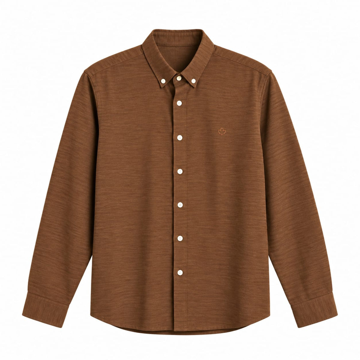 long-sleeve button-down shirt with a textured fabric and light-colored buttons.