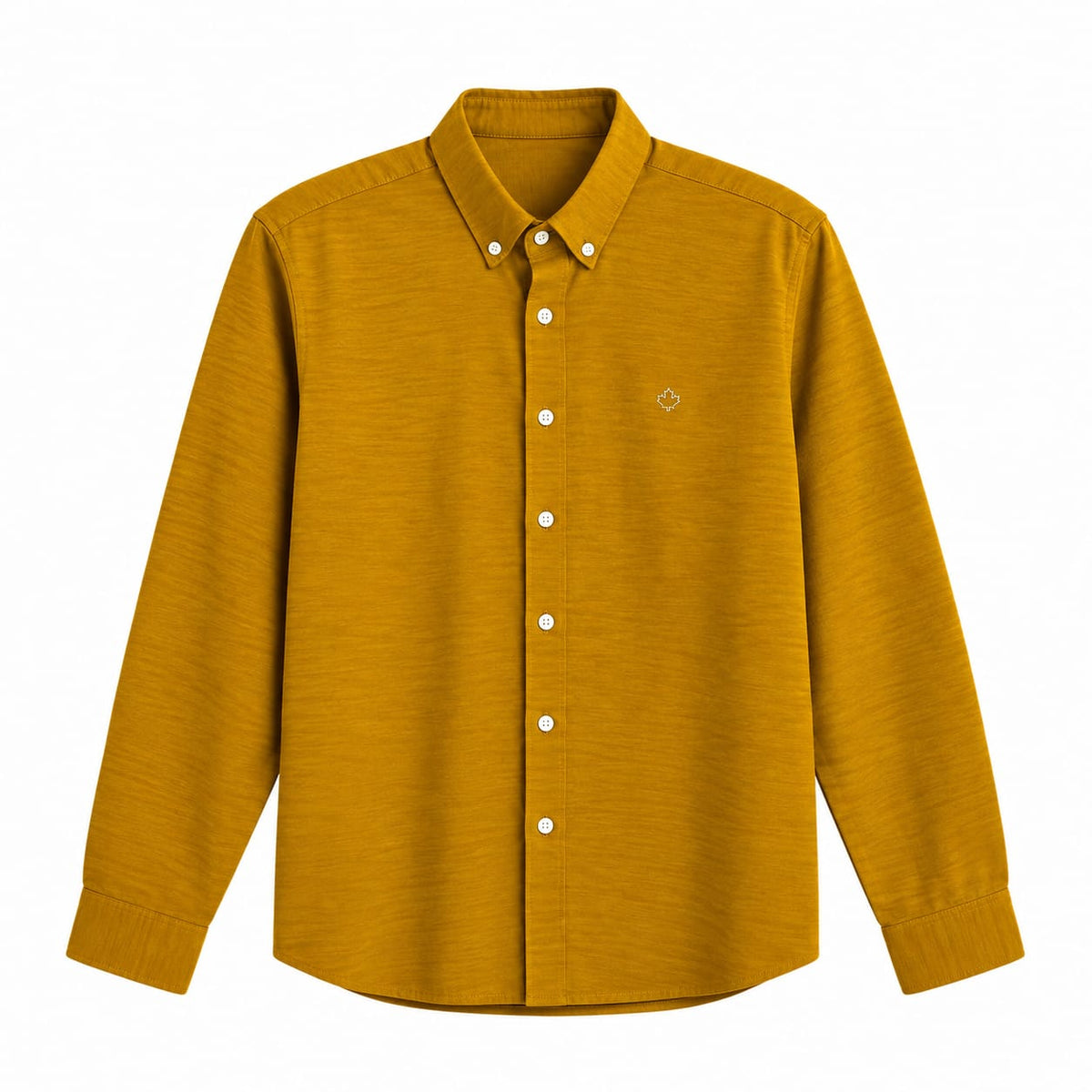 long-sleeve button-down shirt with a textured fabric and light-colored buttons.