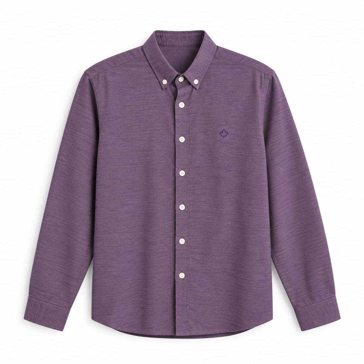 long-sleeve button-down shirt with a textured fabric and light-colored buttons.