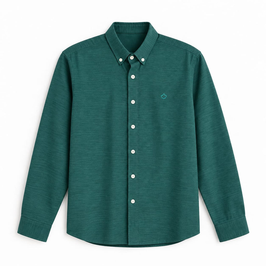 long-sleeve button-down shirt with a textured fabric and light-colored buttons.