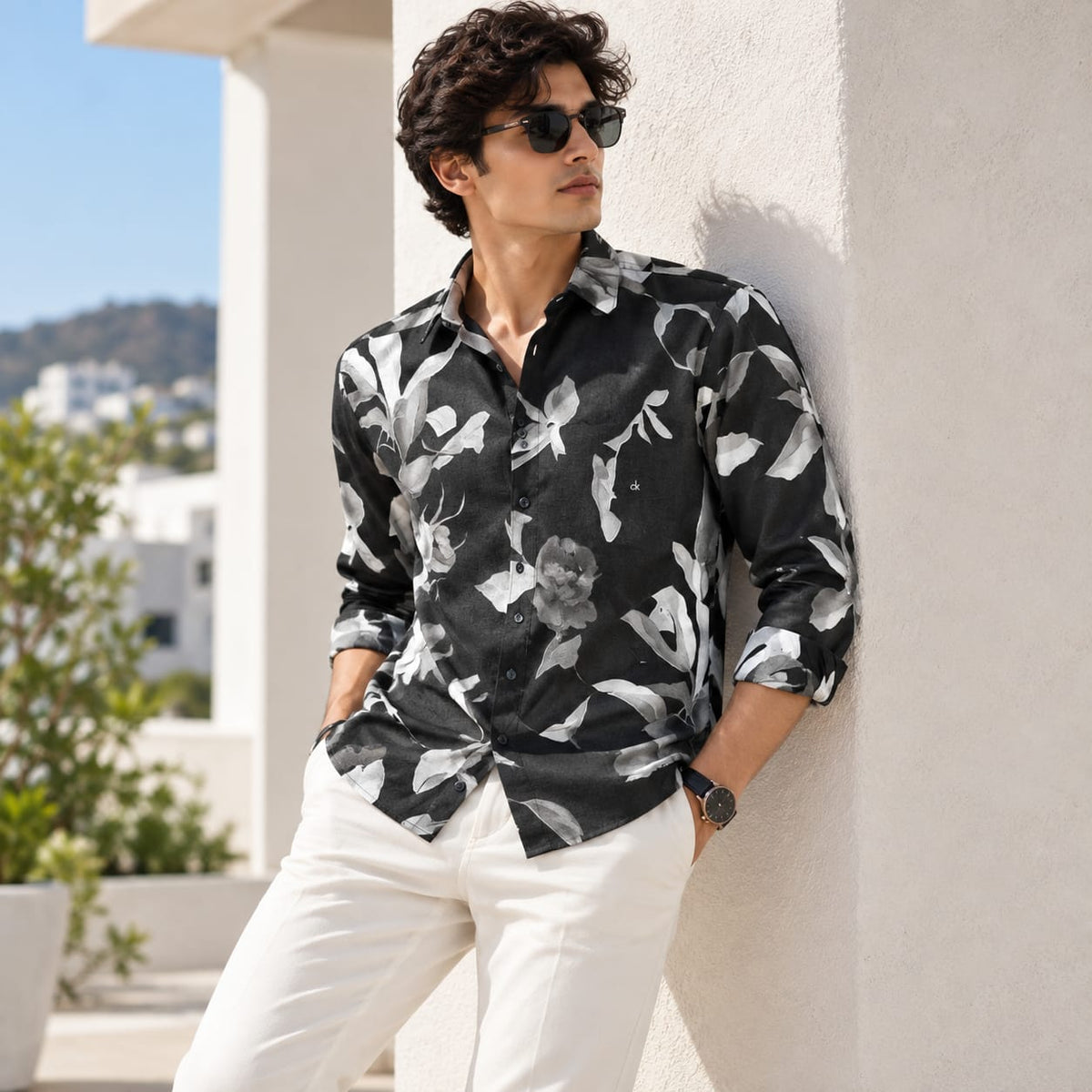 Monochromatic Floral & Leaf Art Casual Shirt