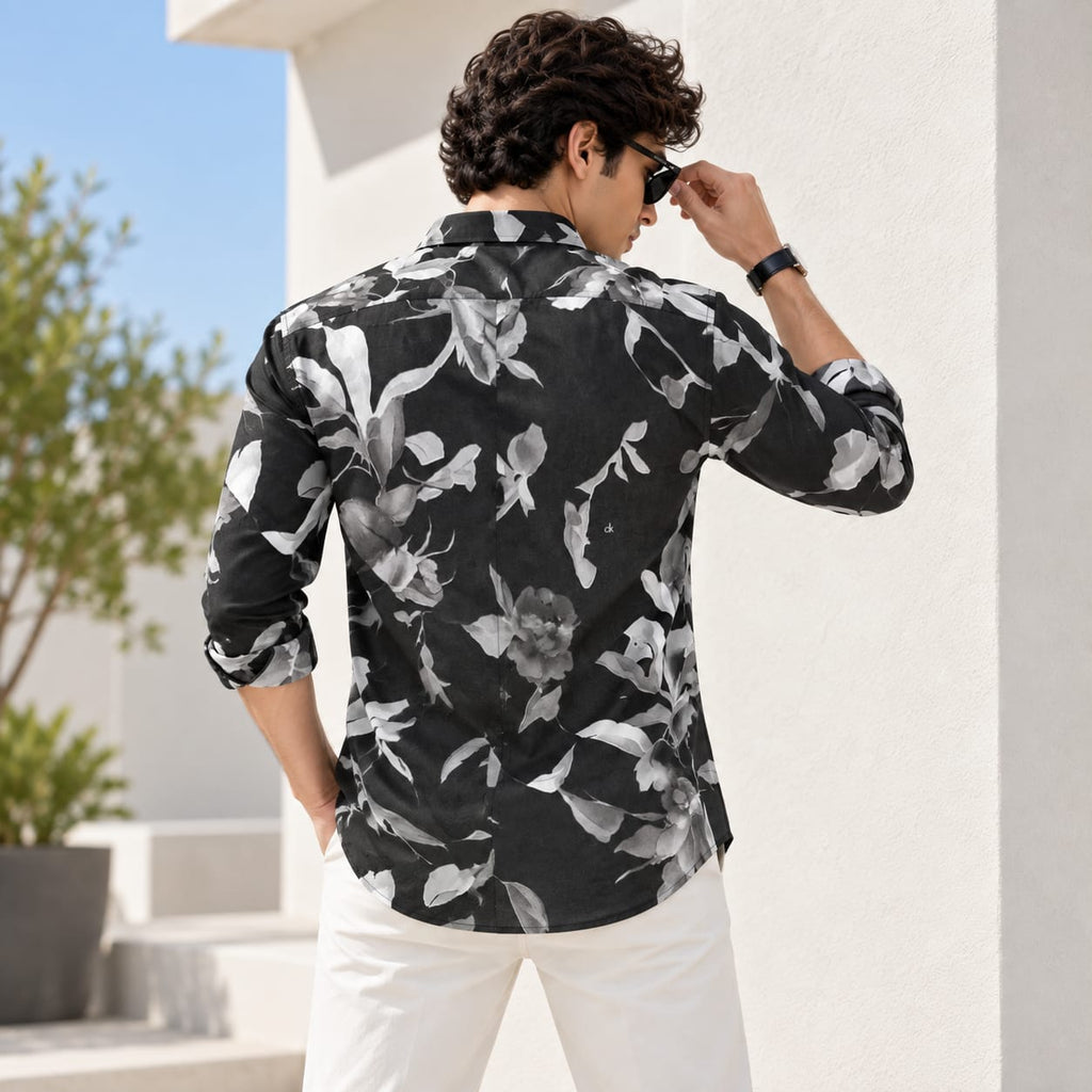 Monochromatic Floral & Leaf Art Casual Shirt
