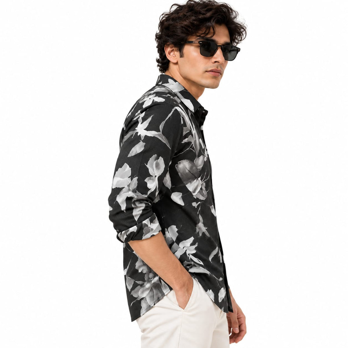Monochromatic Floral & Leaf Art Casual Shirt