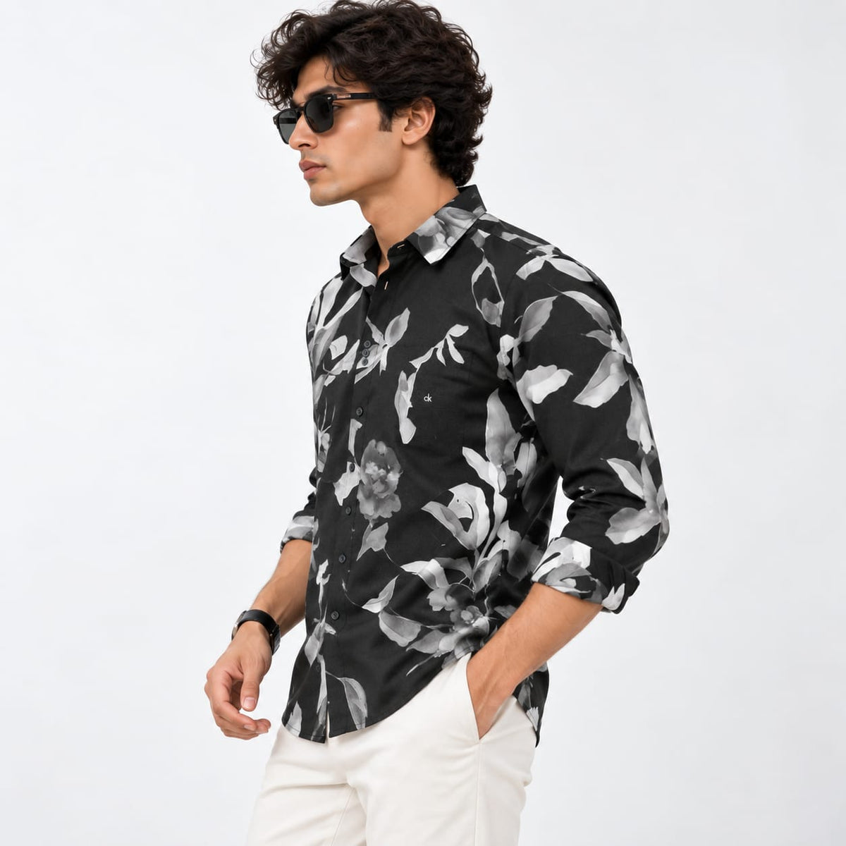 Monochromatic Floral & Leaf Art Casual Shirt