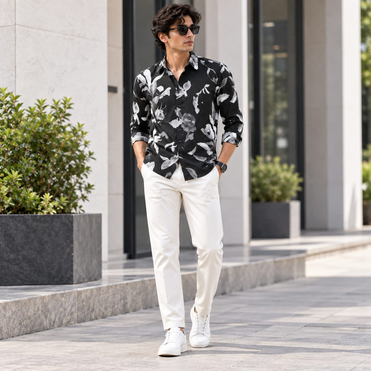 Monochromatic Floral & Leaf Art Casual Shirt
