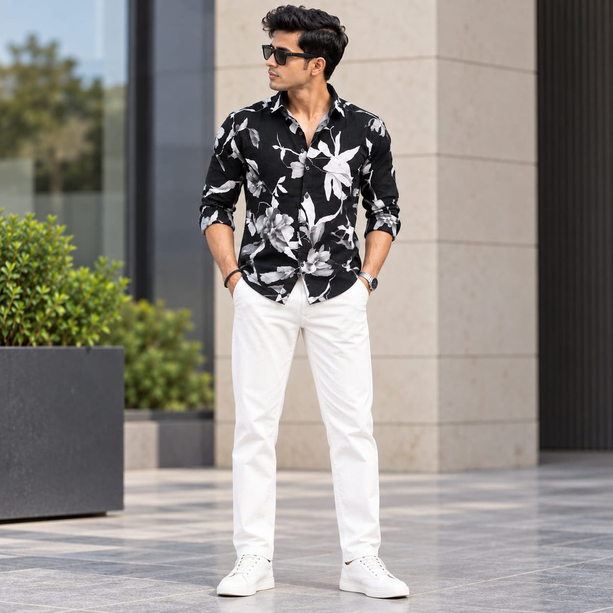 Premium Black & White Floral Print Shirt