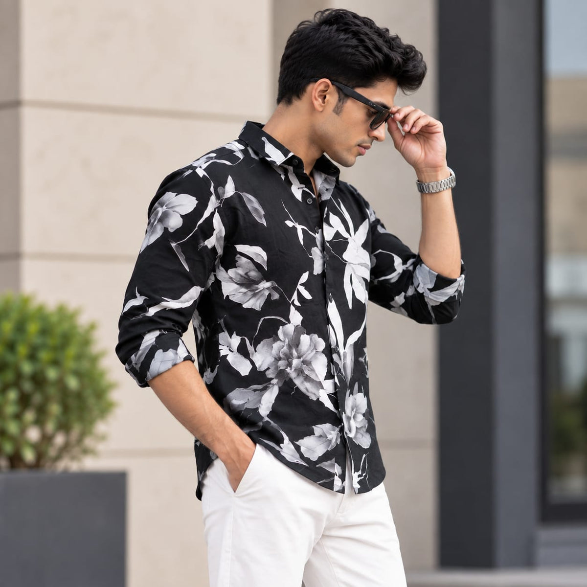 Premium Black & White Floral Print Shirt
