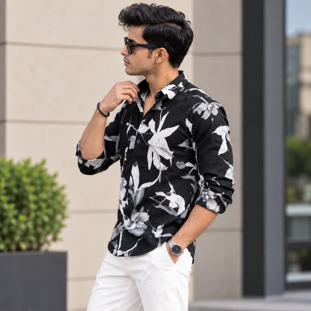 Premium Black & White Floral Print Shirt