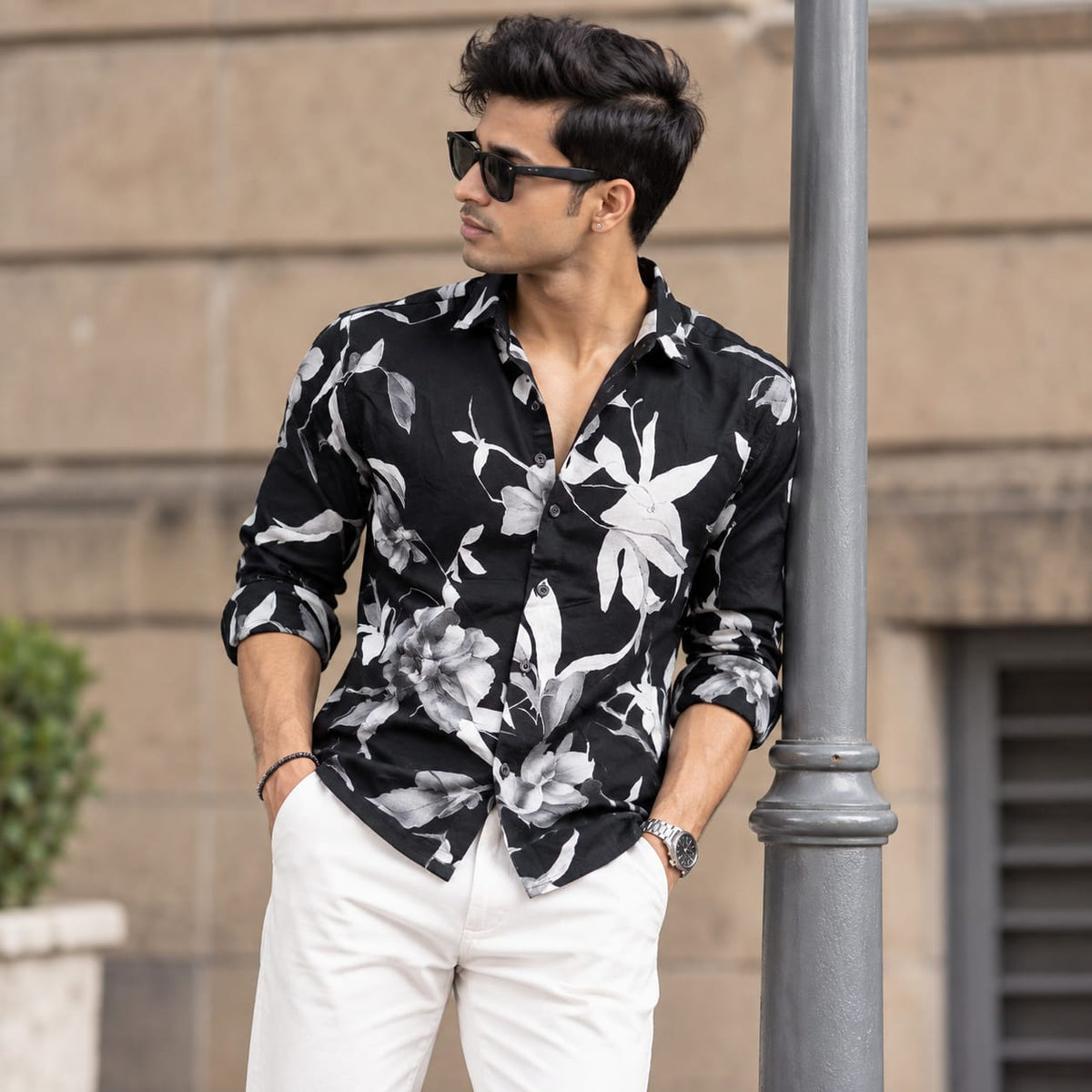 Premium Black & White Floral Print Shirt