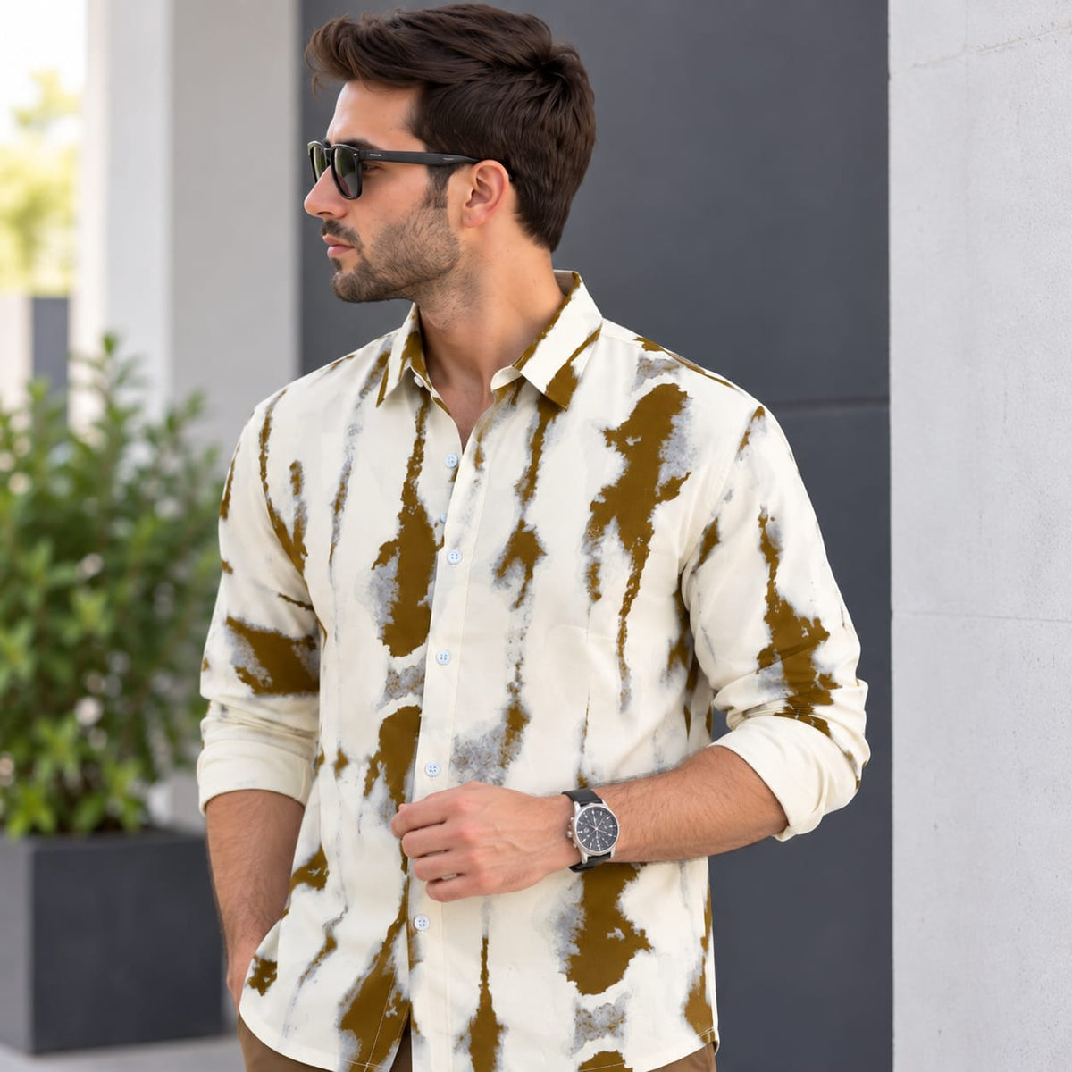 Premium Olive Abstract Button-Up