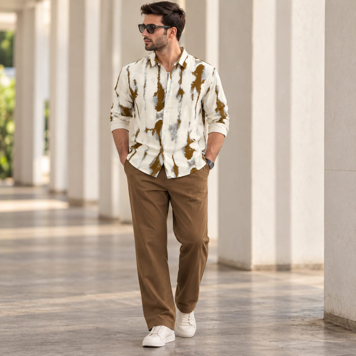 Premium Olive Abstract Button-Up