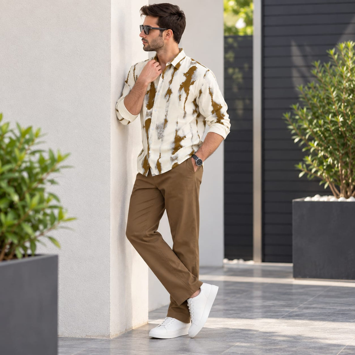 Premium Olive Abstract Button-Up