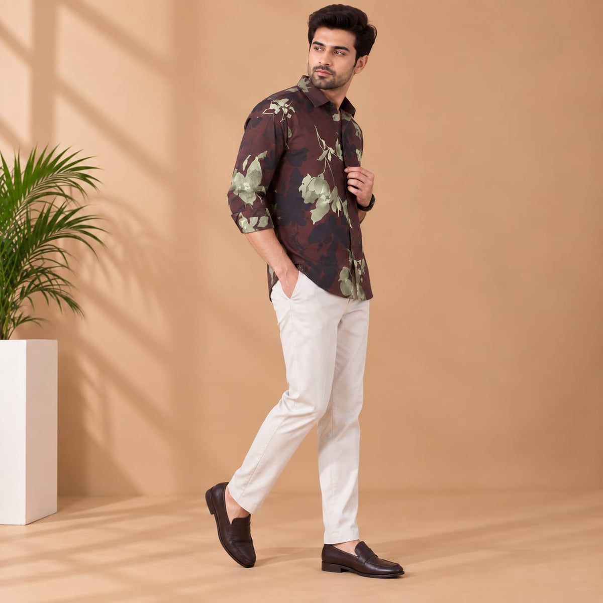 Men’s Dark Brown Floral Printed Full Sleeve Casual Shirt