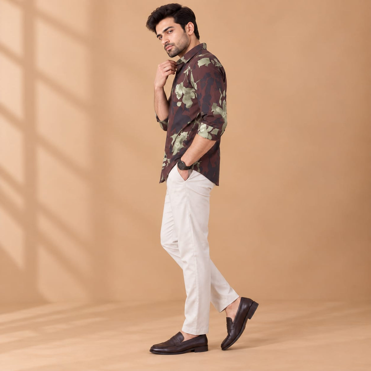 Men’s Dark Brown Floral Printed Full Sleeve Casual Shirt