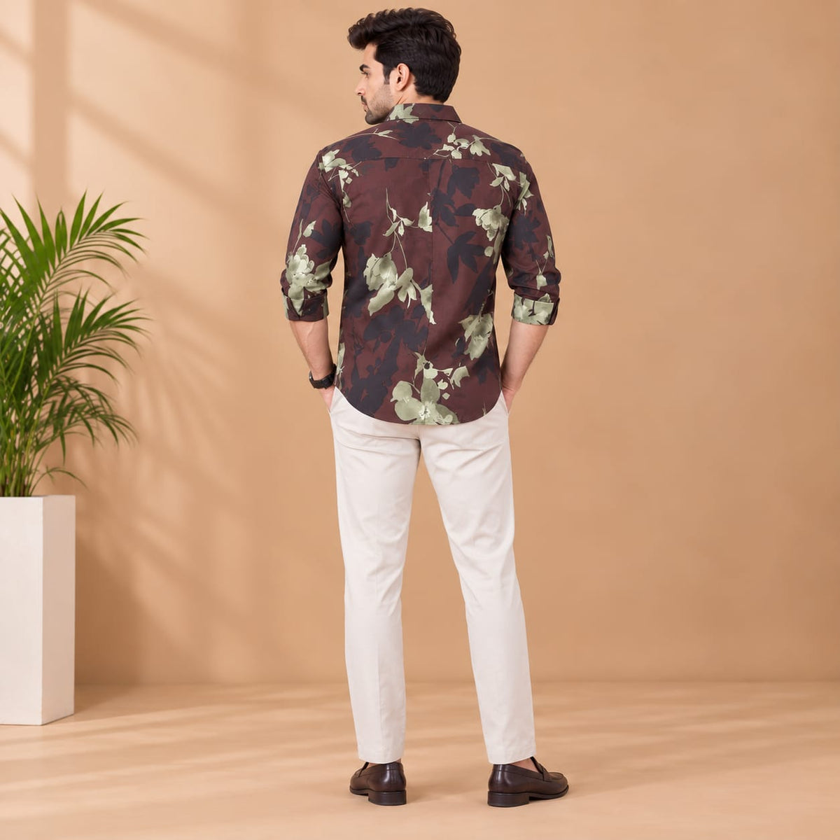 Men’s Dark Brown Floral Printed Full Sleeve Casual Shirt