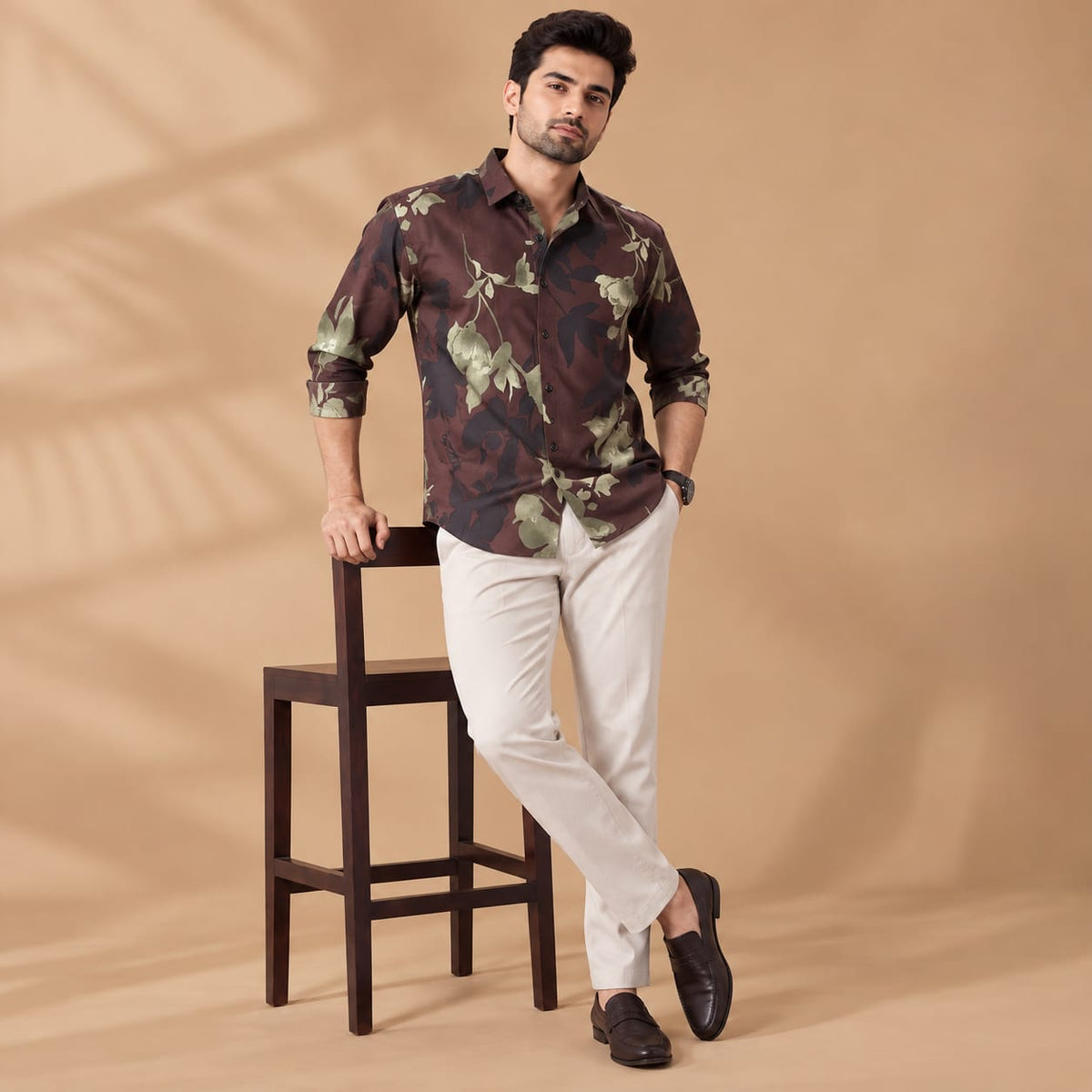 Men’s Dark Brown Floral Printed Full Sleeve Casual Shirt