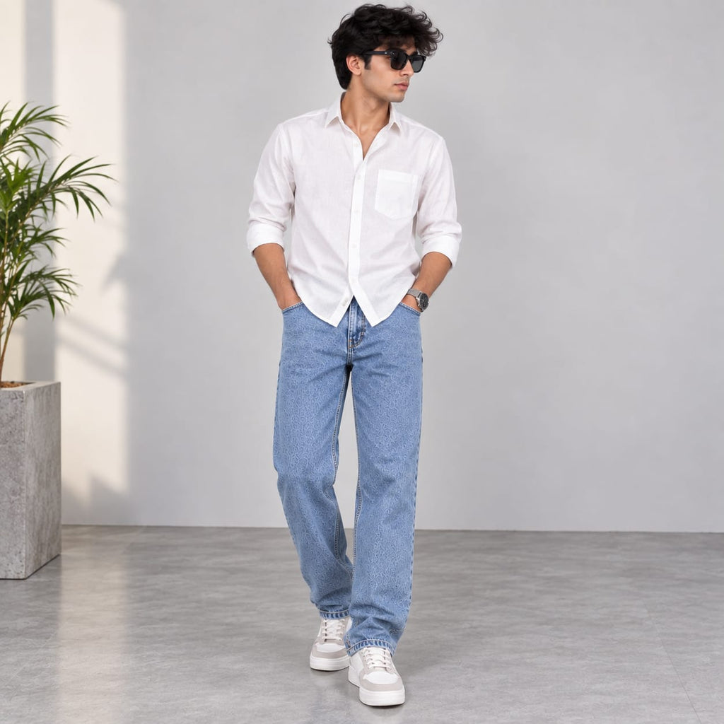Men’s Light Wash Textured Blue Straight Leg Casual Jeans