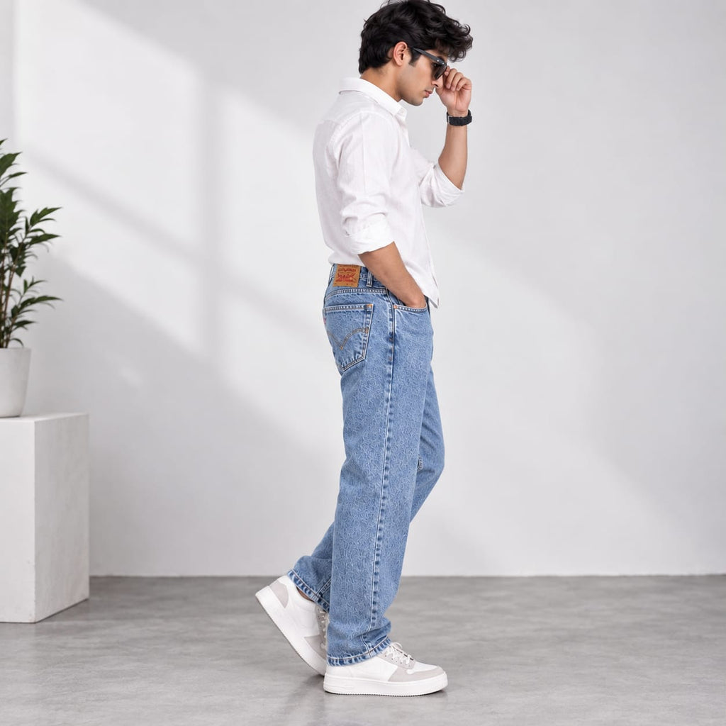 Men’s Light Wash Textured Blue Straight Leg Casual Jeans