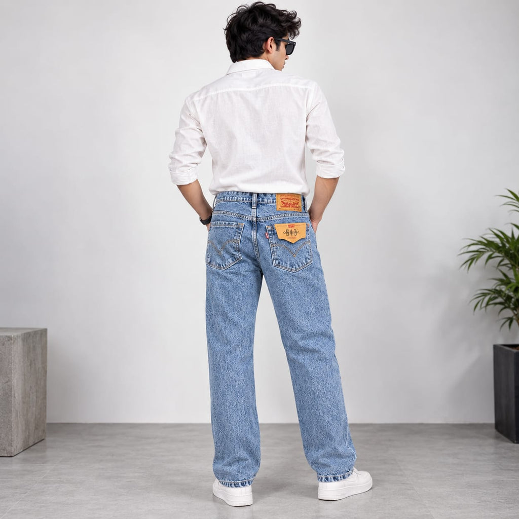 Men’s Light Wash Textured Blue Straight Leg Casual Jeans