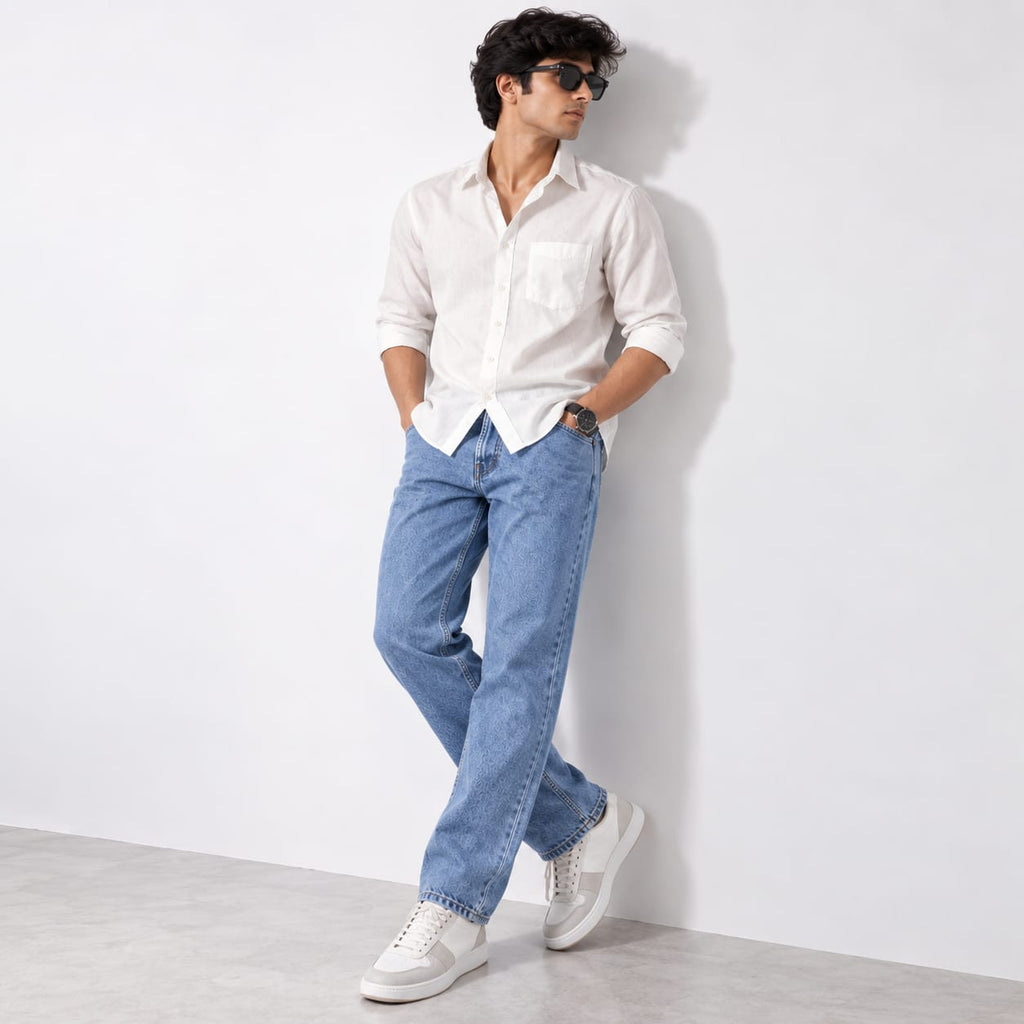 Men’s Light Wash Textured Blue Straight Leg Casual Jeans