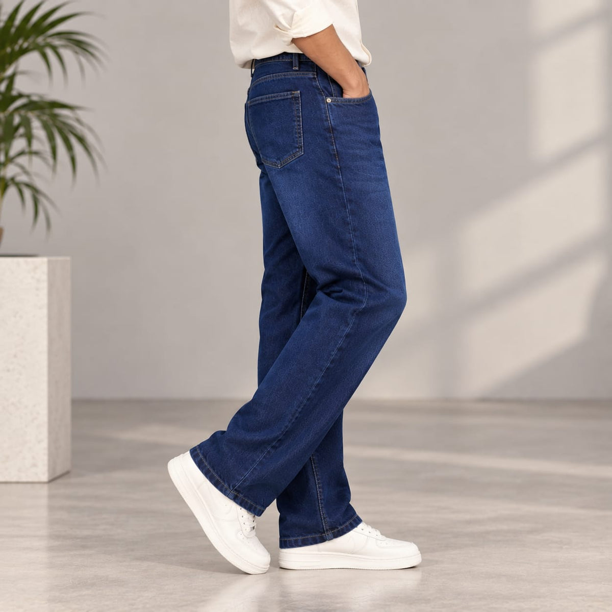 Men’s Classic Dark Blue Straight Fit Washed Denim Jeans