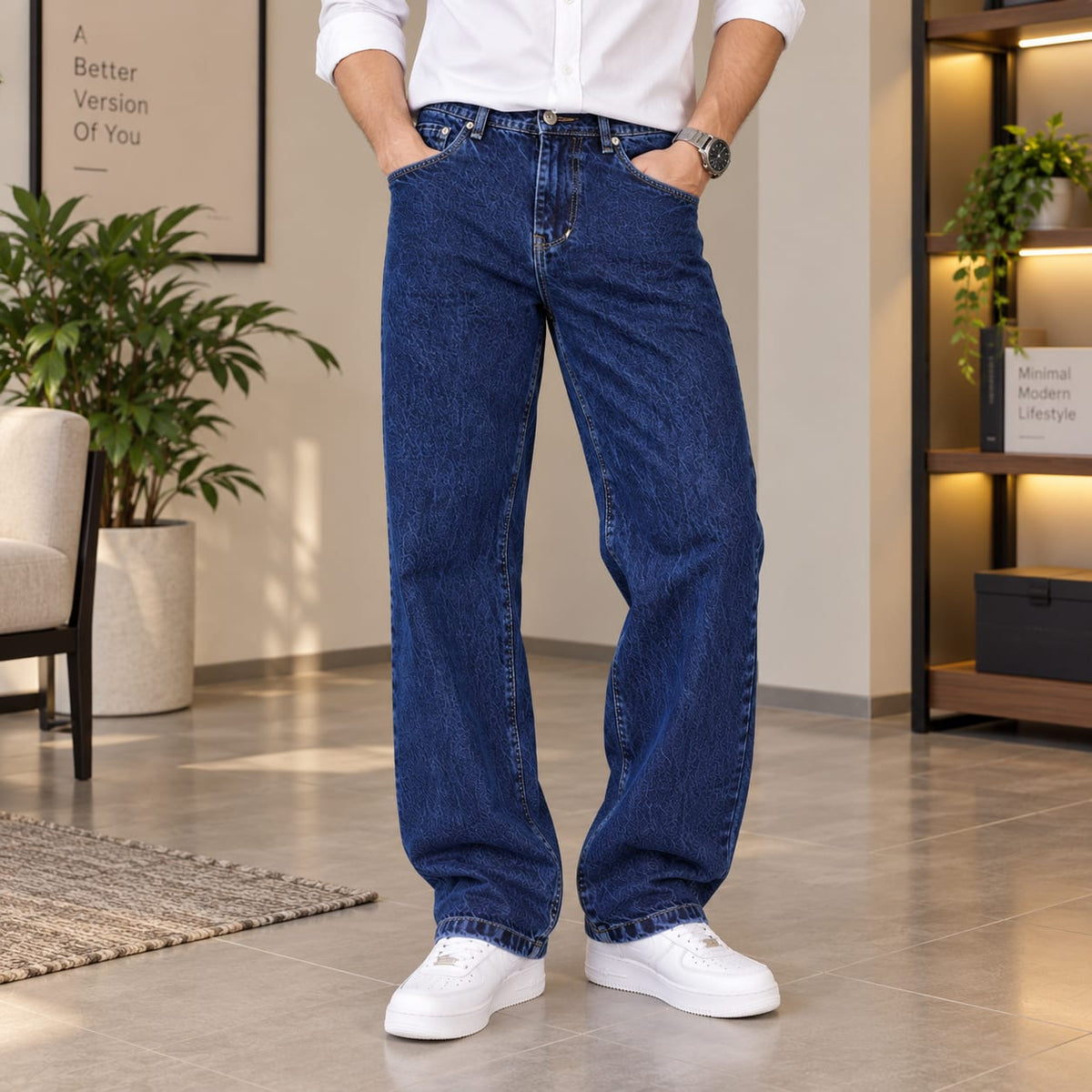 Men’s Mid-Wash Textured Blue Loose Fit Denim Jeans