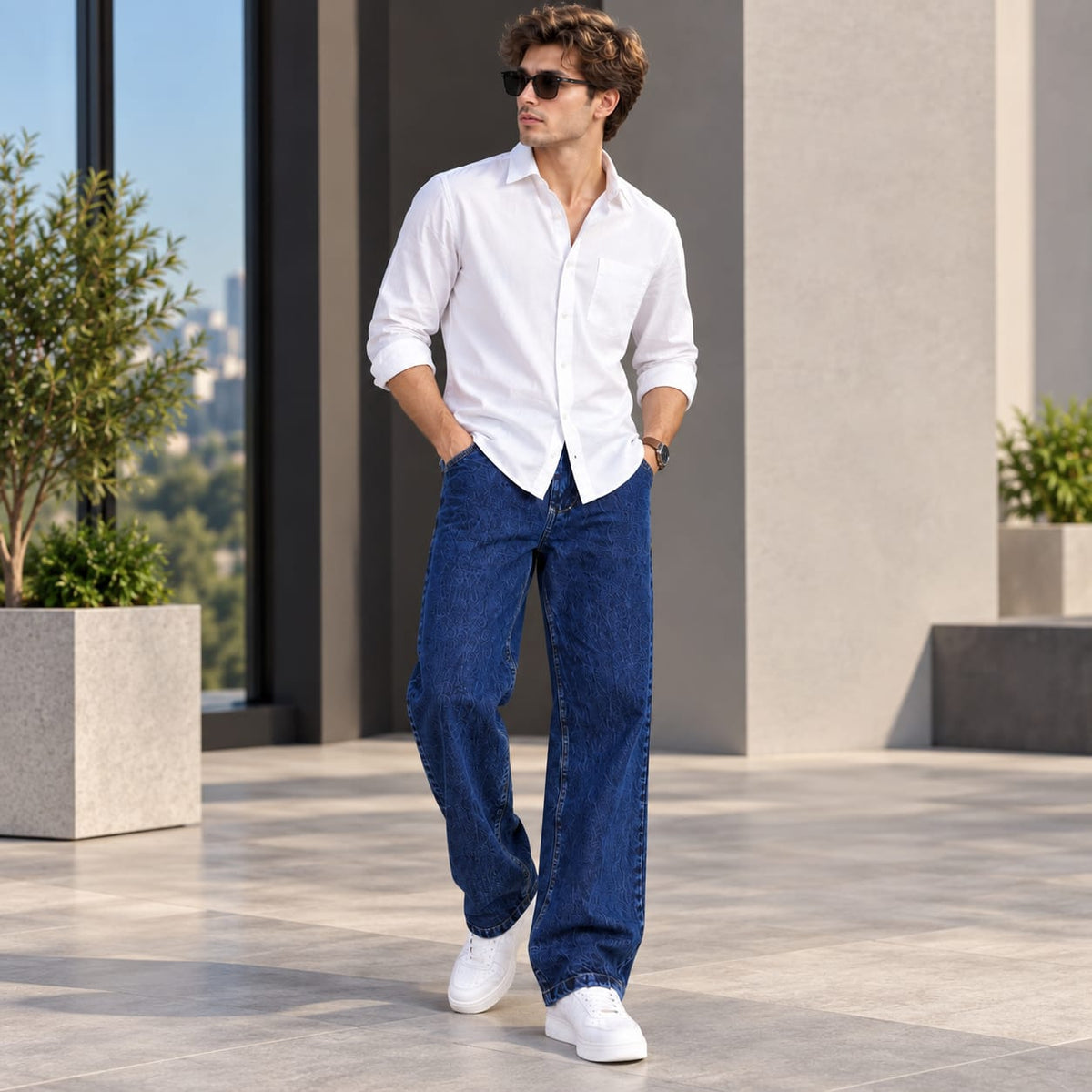 Men’s Mid-Wash Textured Blue Loose Fit Denim Jeans